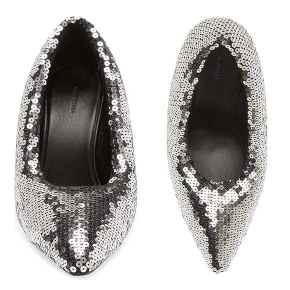 BALENCIAGA Silver Sequin Pumps Heels EU 41 US 11 Puffy Pointed Toe Sparkle NEW - Picture 4 of 16